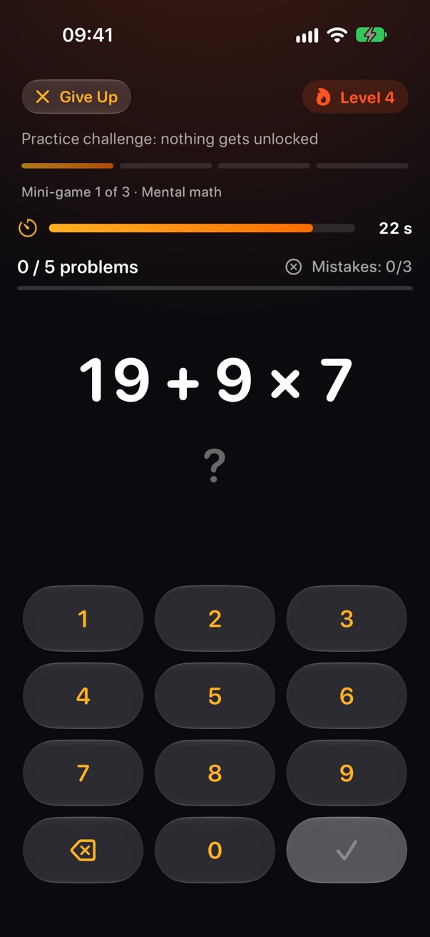 Playlock mental math challenge: 21 + 3 × 9 against the clock
