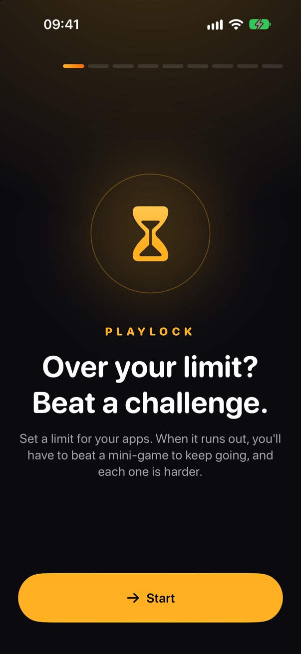 Playlock welcome screen: Over your limit? Beat a challenge.